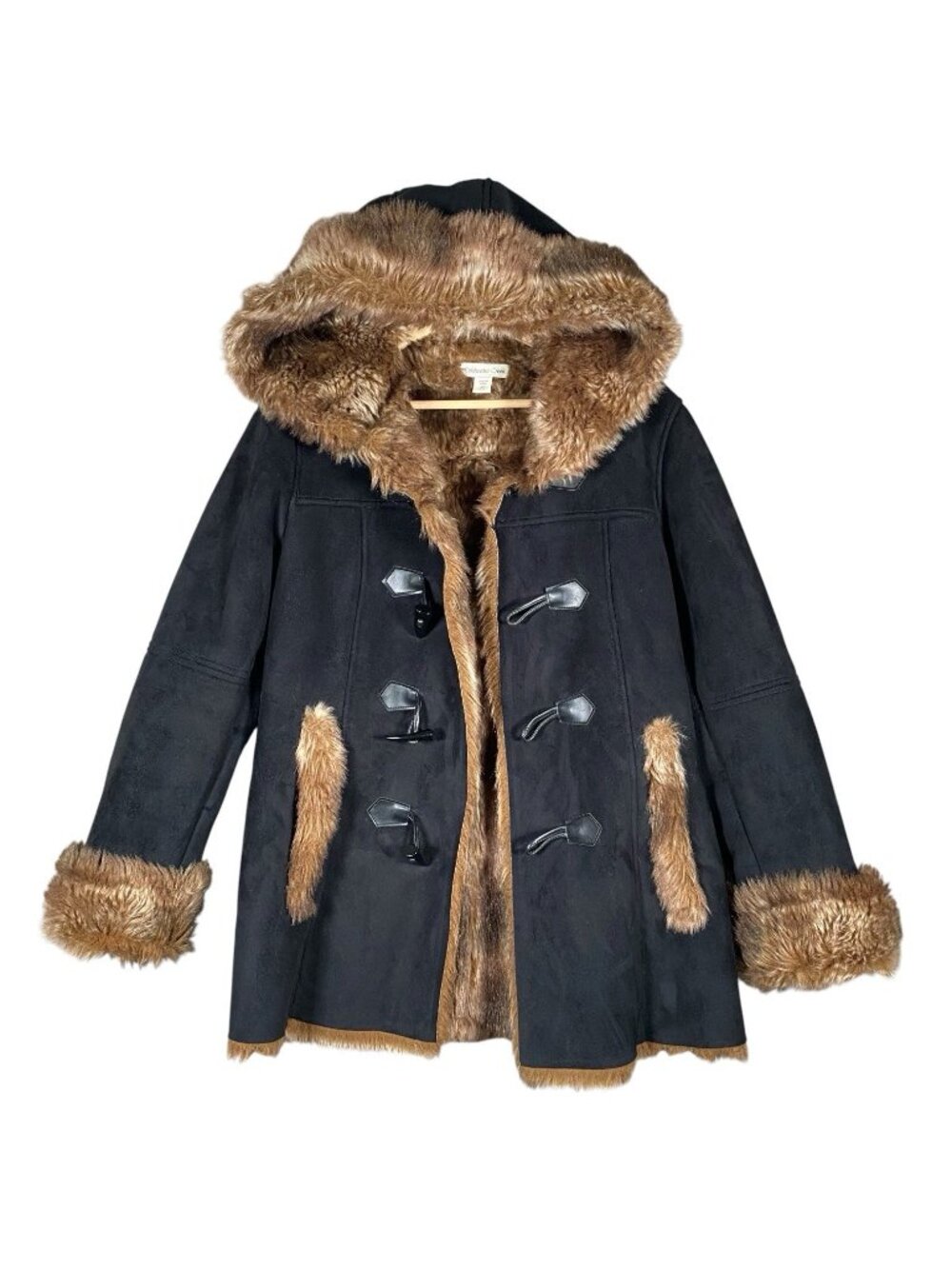 Coldwater Creek Wonderlands Coat XS Faux Fur Black Suede Hood Toggle Winter Cozy